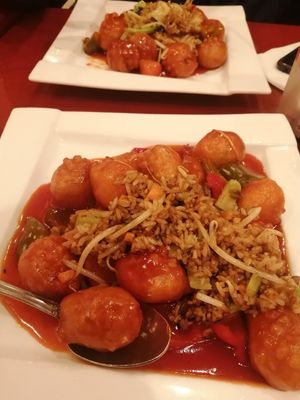 Sweet and sour 'chicken' with veggie fried rice. at Bodhi Kosher Vegetarian Restaurant in New York City