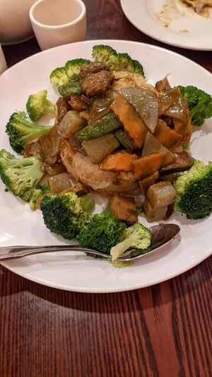 Veggies in taro nest at Bodhi Kosher Vegetarian Restaurant in New York City