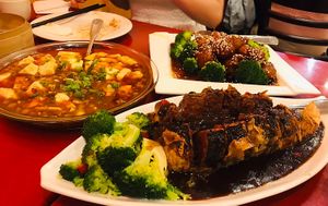 Spicy Mapo tofu,  sesame’ ‘chicken’ balls and  the amazing black bean ‘fish’ Huge portions and absolutely delicious!   at Bodhi Kosher Vegetarian Restaurant in New York City