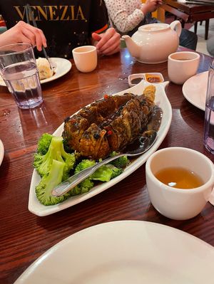 Black bean fake fish is soooo good  at Bodhi Kosher Vegetarian Restaurant in New York City