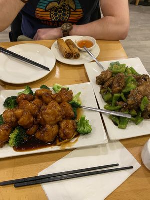 Orange fried veg chicken (awesome!)  at Bodhi Kosher Vegetarian Restaurant in New York City