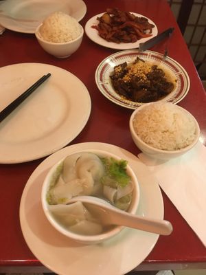 Wonton soup, Sichuan beef and bbq chicken  at Bodhi Kosher Vegetarian Restaurant in New York City