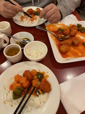Sweet and sour chicken with rice (rice costs extra)  at Bodhi Kosher Vegetarian Restaurant in New York City