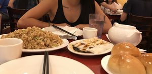 Chow fried rice with tofu / Rice rolls in soy sauce / Baked veg meat buns  at Bodhi Kosher Vegetarian Restaurant in New York City