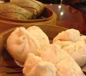 Cha siew bao, sticky rice in lotus leaves at Bodhi Kosher Vegetarian Restaurant in New York City