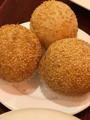 Sesame rice balls w sweet bean filling at Bodhi Kosher Vegetarian Restaurant in New York City