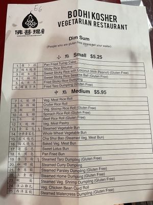 Menu for dim sum small plates  at Bodhi Kosher Vegetarian Restaurant in New York City