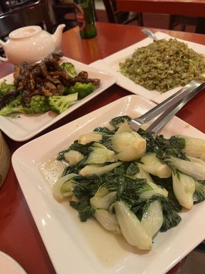 Shiitake mushrooms and broccoli, cedar pine fried rice and baby bok Choi   at Bodhi Kosher Vegetarian Restaurant in New York City