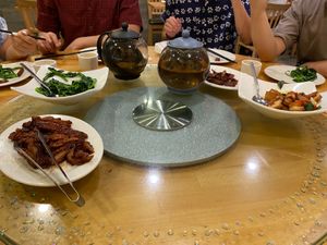 Spread of vegan Chinese at Bodhi Kosher Vegetarian Restaurant in New York City