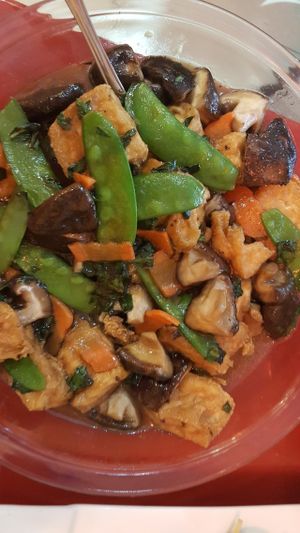 Tofu and mushroom with basil at Bodhi Kosher Vegetarian Restaurant in New York City