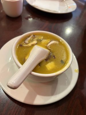 Pumpkin soup topped with mushrooms  at Bodhi Kosher Vegetarian Restaurant in New York City