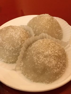 Rice balls with coconut, sesame and peanut filling at Bodhi Kosher Vegetarian Restaurant in New York City