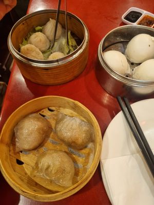 Steamed Taro dumplings, sweet lotus buns and steamed soup dumplings at Bodhi Kosher Vegetarian Restaurant in New York City
