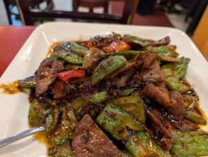 Beef with peppers and bitter melon at Bodhi Kosher Vegetarian Restaurant in New York City