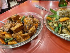Tofu with basil and mushroomms  at Bodhi Kosher Vegetarian Restaurant in New York City