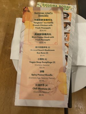 Summer specials menu  at Bodhi Kosher Vegetarian Restaurant in New York City