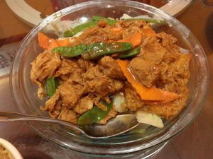 Braised soybean skin with vegetables at Bodhi Kosher Vegetarian Restaurant in New York City