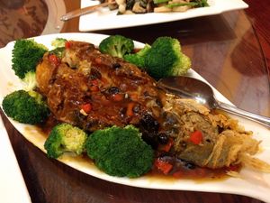 Veg straw bass in black bean sauce at Bodhi Kosher Vegetarian Restaurant in New York City
