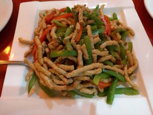 Shredded veg meat with hot green pepper at Bodhi Kosher Vegetarian Restaurant in New York City