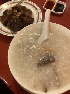 House congee and Szechuan beef  at Bodhi Kosher Vegetarian Restaurant in New York City