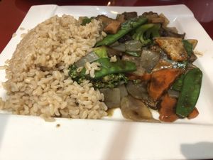 Veg meat & vegetables at Bodhi Kosher Vegetarian Restaurant in New York City