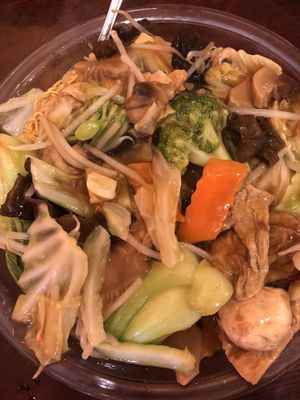 Pan fried noodles with vegetables  at Bodhi Kosher Vegetarian Restaurant in New York City