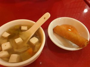 Vegetable and tofu soup and spring roll at Bodhi Kosher Vegetarian Restaurant in New York City