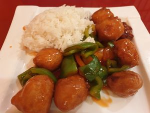 Sweet and sour fried 'chicken' at Bodhi Kosher Vegetarian Restaurant in New York City