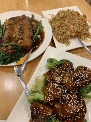 Lobster black bean sauce, rice, sesame chicken  at Bodhi Kosher Vegetarian Restaurant in New York City