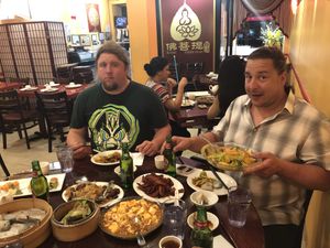 Eating the whole restaurant  at Bodhi Kosher Vegetarian Restaurant in New York City