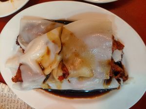 Cha siu (BBQ pork) rice roll at Bodhi Kosher Vegetarian Restaurant in New York City