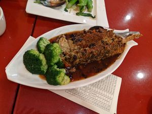 Veg straw bass with black bean sauce at Bodhi Kosher Vegetarian Restaurant in New York City