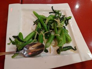 Stir fried Chinese broccoli. There was more before we ate some at Bodhi Kosher Vegetarian Restaurant in New York City