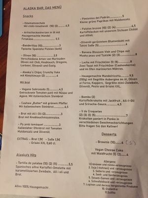 Updated menu for October 2020 at Alaska Bar in Berlin