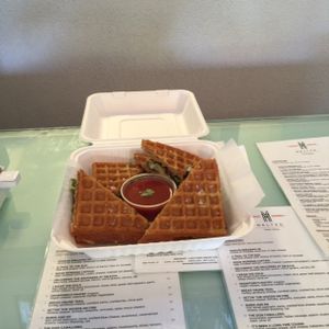 The Aunt Weaver Stamper sandwich is delicious! Artichoke hearts, sundried tomatoes and Daiya cheese on a vegan, gluten-free waffle. A small side of basil tomato soup for dipping!  at Melted in Napa