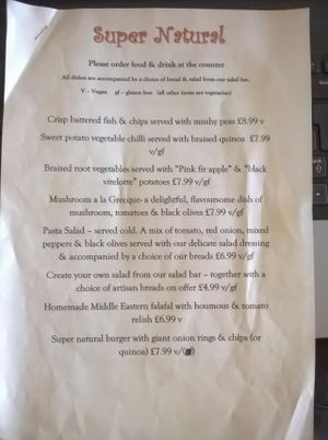Sample Menu at Super Natural in Newcastle Upon Tyne