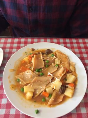Pasta and soy meat  at El Encuentro - Sta Catalina Ancha in Cusco