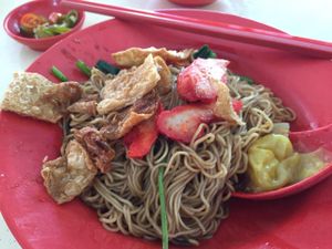 noodle with dumpling, mock char siew and vegetarian 'goose'  at 3 Treasures 三寶齋 - AMK in Northeast Singapore