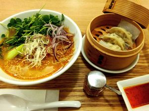 Gyozas and shirogoma tantan at T's Tan Tan in Sendai