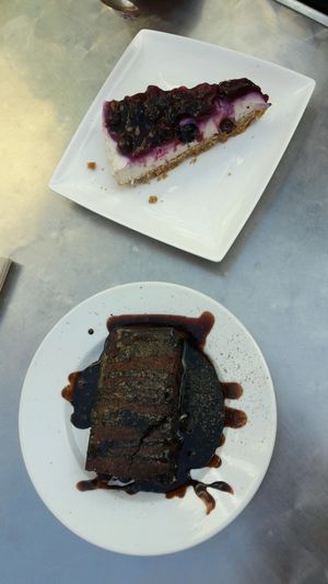 chocolate brownie and blueberry cheesecake at Loving Hut - North Laine in Brighton