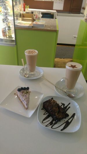 vegan salted caramel brownie, cheesecake and 2 chai lattes at Loving Hut - North Laine in Brighton