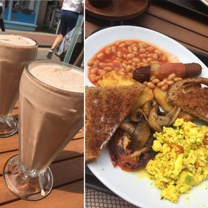 LH breakfast with scrambled tofu and a brownie milkshake on the side! at Loving Hut - North Laine in Brighton