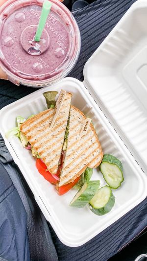 Magnum smoothie & Avocado TLT w/ chickpea Caesar at Pulp + Sprout Juice Bar and Vegan Cafe in Asheville