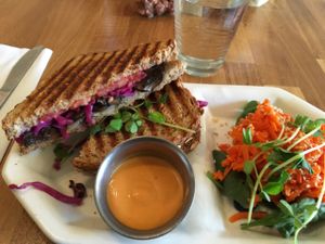 Reuben sandwich with ginger carrot salad at Pulp + Sprout Juice Bar and Vegan Cafe in Asheville