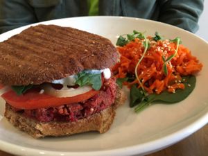 Garbanzo bean burger with ginger carrot salad at Pulp + Sprout Juice Bar and Vegan Cafe in Asheville