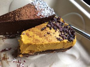 Raw cacao pie and raw pumpkin spice pie slices at Pulp + Sprout Juice Bar and Vegan Cafe in Asheville