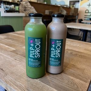 Go Forth juice and Cashew Cacao Mylk  at Pulp + Sprout Juice Bar and Vegan Cafe in Asheville