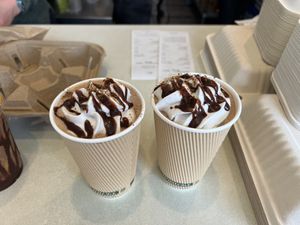 Mushroom Hot Cocoa with Coconut Whip, Chocolate Sauce, and Cinnamon  at Pulp + Sprout Juice Bar and Vegan Cafe in Asheville