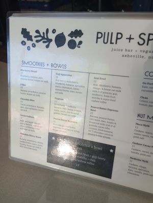 Menu 1/2  May 2024 at Pulp + Sprout Juice Bar and Vegan Cafe in Asheville