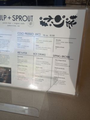 Menu 2/2 May 2024 at Pulp + Sprout Juice Bar and Vegan Cafe in Asheville